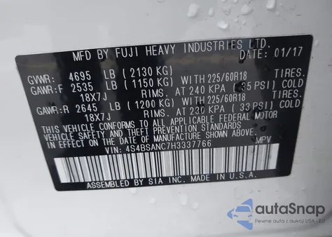 2017 Subaru Outback 2.5I Limited from USA, damaged, VIN 4S4BSANC7H3337766